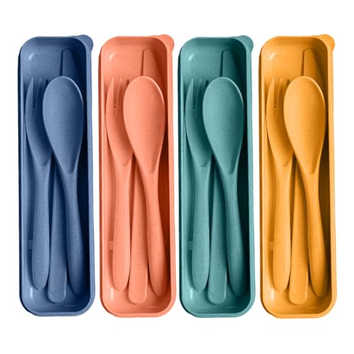 Travel Utensils with Case, 4 Sets Reusable Utensils Set with Case, Wheat Straw Utensils for Lunch Box Accessories, Camping Utensil Set for School Work Lunch or Daily Use - color: Travel Utensils with Case