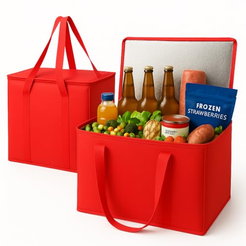 musbus 2-Pack XL-Large Insulated Grocery Shopping Bags, Red, Reusable, Heavy Duty, Zipped Zipper,Collapsible,Tote,Cooler,Groceries,for car,Recycled Material Warm Foldable Bag… - color: Red-B, size: X-large（16w X 12.5h X 9d）
