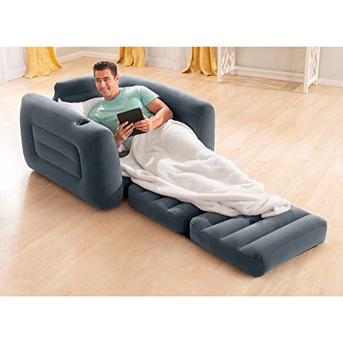 Intex 2 in 1 Inflatable Pull Out Sofa Chair and Twin Air Bed Mattress with Cup Holders for Indoor and Outdoor Use for Adults (3 Pack), Charcoal