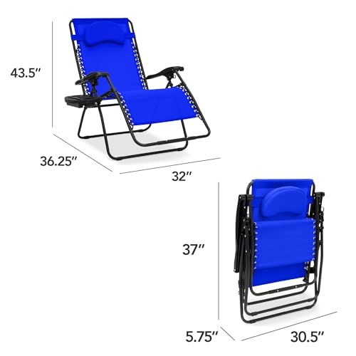 Best Choice Products Oversized Zero Gravity Chair, Folding Outdoor Patio Lounge Recliner w/Cup Holder Accessory Tray, Pillow - Cobalt Blue - color: Cobalt Blue