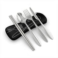 Reusable Travel Utensils with Case | Fork and Spoon Set with Knife, Chopsticks and Optional Reusable Straw– Office, Travel, or Camping Accessories| Lightweight Sturdy Reusable Utensils - color: 4pc Set - Black