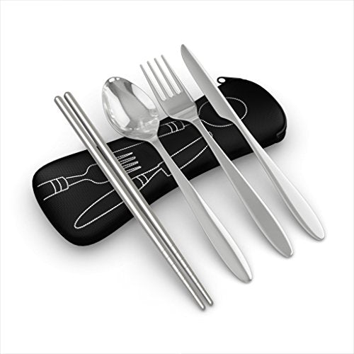 Reusable Travel Utensils with Case | Fork and Spoon Set with Knife, Chopsticks and Optional Reusable Straw– Office, Travel, or Camping Accessories| Lightweight Sturdy Reusable Utensils - color: 4pc Set - Black
