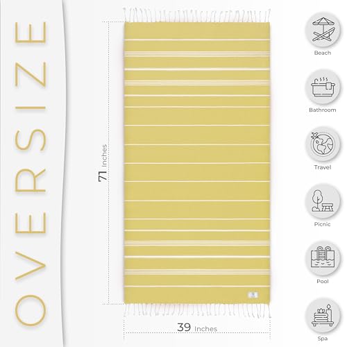 Ossano Turkish Beach Towel Quick Dry & Absorbent Oversized (39" x 71") - Compact, Versatile and Functional as Yoga Mat, Picnic Blanket, Travel Blanket, Bath, Camp and Shower Towel - Yellow - color: Yellow