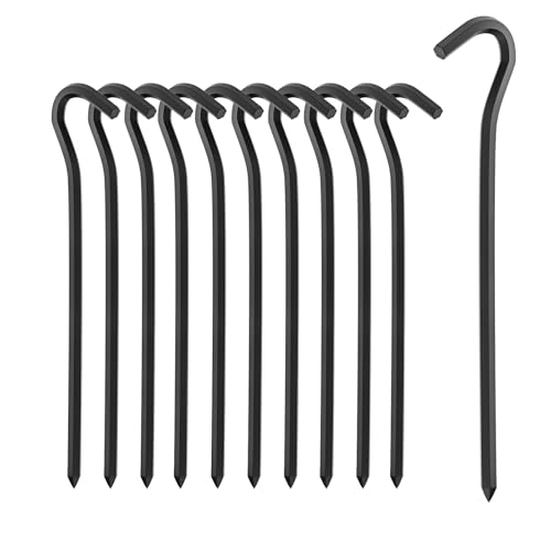 10Pcs Metal Tent Pegs with Hooks. 7 inches Durable Garden Stake Ground Anchors Awning Metal Hooks. Heavy Duty, Waterproof & rustproof, Ideal for Camping, Yard Decor, Picnic & tarp(Black) - color: Blcak-10pcs