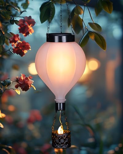 Hanging Solar Lantern Outdoor Garden Decor Hot Air Balloon Lantern with Flickering Flame Gifts for Women Grandma Mom Outdoor Hanging Light Solar Decorative Lamp for Garden Patio Yard and Home - color: White