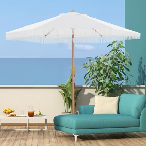 GDY 7.5FT Tassel Patio Umbrella Outdoor Table Umbrella,Market Umbrella with 6 Sturdy Ribs, with Push Button Tilt and Crank for Garden, Lawn, Deck, Backyard & Pool (Bright White) - color: Bright White, size: Umbrella Only