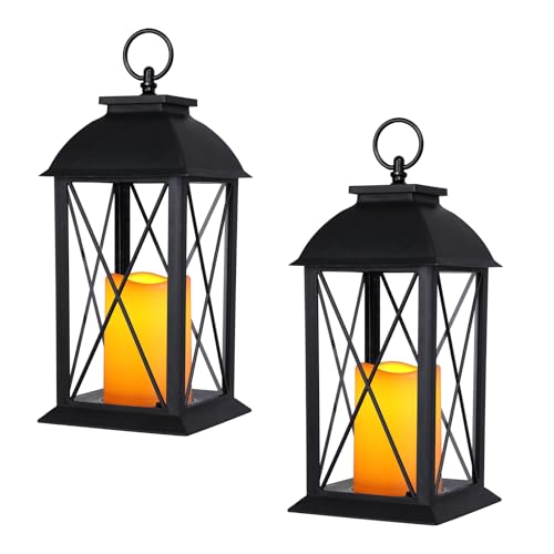 Bdor 2 Pack 13-Inch Black Decorative Lantern with LED Candle (6hr Timer) - IP65 Waterproof Battery Powered - Outdoor Patio Hanging Lanterns Decorative Tabletop Lanterns - color: Flashing Black