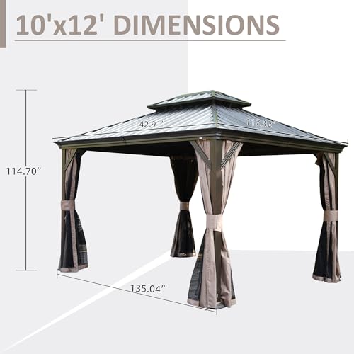 Domi 10’x12’ Hardtop Gazebo with Gutters, Outdoor Metal Gazebo for Patios with Galvanized Steel Double Roof, Heavy Duty Curtains and Netting Included, Pergola for Backyard, Garden Lawn, Deck, Brown - color: Brown, size: 10'x12'/w gutter