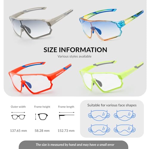 ROCKBROS Kids Photochromic Cycling Glasses, UV400 Clear to Dark Transition Sports Sunglasses for Youth Boys Girls Age 8-14 - color: Glossy Blue / Photochromic