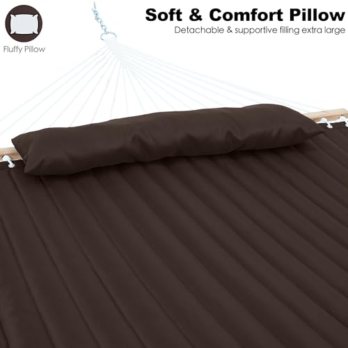 GAFETE Hammock 2 Person Quilted Fabric Hammocks for Outside, Double 12ft Hammocks with Spreader Bar, Large Removable Pillow, Storage Bag, Carabiners, Max 475 lbs Capacity (Coffee) - color: Coffee