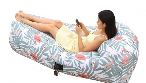 Inflatable Lounger with No-Pump Setup, Floating Portable Air Chair, Ripstop Polyester, Stability Peg for Beach, Camping, Festivals, Tailgating (Flamingo) - style: Flamingo
