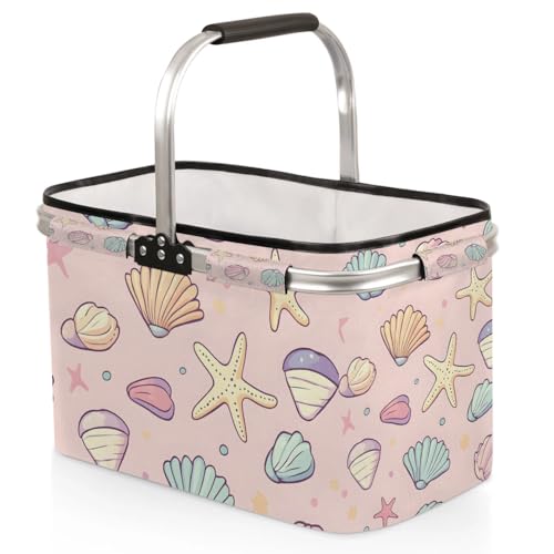 Collapsible Market Basket Aluminum Frame for Travel, Shopping, Camping & Lake Trips,18.8 x 11.8 x 11.2 - color: Starfish(style 2)