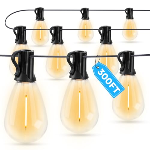 GvvooHome LED Outdoor String Lights, 300FT Waterproof Patio Lights with 92 Shatterproof S11 Plastic Bulbs, 2700K Warm White Edison Hanging Lights for Backyard, Garden, Porch, Bistro - size: 300FT