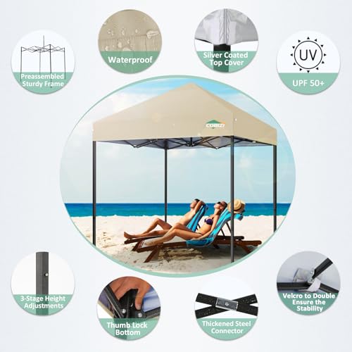 COBIZI 6.6x6.6ft Pop Up Canopy Tent, Heavy Duty Canopy Easy Set up All Weather Waterproof Outdoor Canopy Tent for Parties, Beach, Garden, Camping with 1 Handbag, 3 Adjustable Heights, UPF50+, Khaki - color: Khaki, size: 6.6x6.6 Without Sidewalls