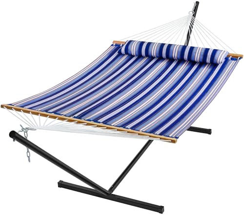 SUPERJARE Hammock with Stand, 2 Person Quilted Outdoor Hammock, Detachable Pillow & Bamboo Spreaders, Portable Hammock with Carrying Bag, Heavy Duty Stand, Perfect for Outside, Navy Blue Stripe - color: Navy Blue Stripe, size: 55.1"W × 74.8''D × 43.3''H