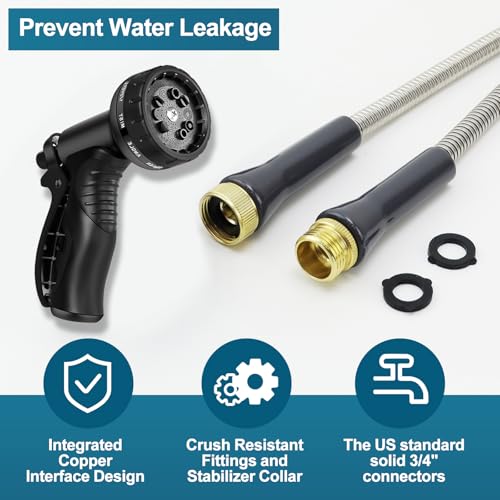 Stainless Steel Garden Hose 50ft Heavy Duty Metal Water Hoses with 10 Function Water Hose Nozzles for Yard Outdoor - size: 50 ft
