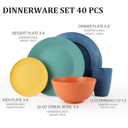 Wheat Straw Dinnerware Set 40 PCS - Service for 8 | Plates and Bowls Sets | Unbreakable Dishes Set - Dinner Plates, Dessert Plate, Cereal Bowls, Drinking Glasses, Dishwasher Safe - Multi - color: Multicolor, size: 40 PCS