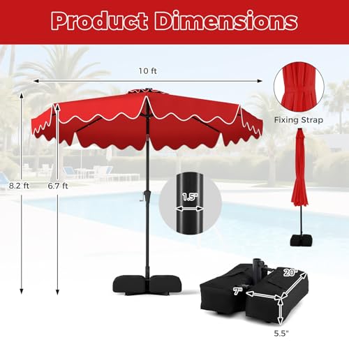 Tangkula 10 FT Solar Patio Umbrella with Base Included, 2-Tiers Outdoor Scalloped Table Umbrella with 32 LED Lights, 2 Sandbags, Tilt Adjustment, Crank, 8 Ribs for Market Backyard Pool Deck Beach Lawn (Red, 10 FT) - color: Red, size: 10 FT