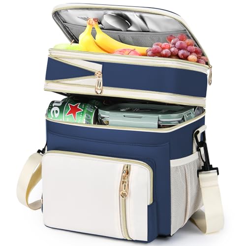 Lunch Box & Lunch Bag for Women Men, Large Insulated Adult Lunch Box Leakproof Lunchbox Cooler Bag for Work Picnic Beach,16L, Dark Blue & White - color: Navy Blue