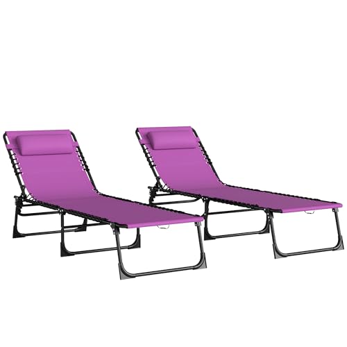 Outsunny Folding Chaise Lounge Chair Set of 2, Patio Sun Tanning Chair, Outdoor Chaise Lounger with 4-Position Reclining Back, Breathable Mesh Seat for Beach, Poolside, Yard, Purple - color: Purple, size: 2 Packs