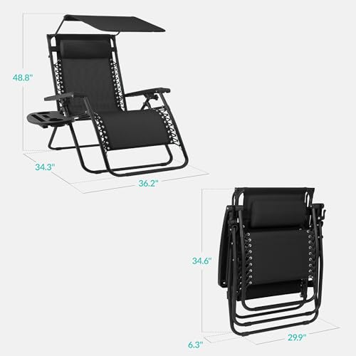 Best Choice Products 30” Wide Folding Zero Gravity Outdoor Recliner Patio Lounge Chair w/Adjustable Canopy Shade, Headrest, Side Accessory Tray - Black - color: Black, size: Oversized Extra Wide