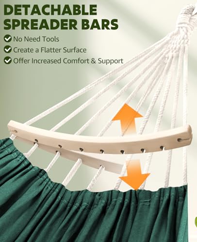 Chihee Hammock for Stand 9.8ft x 4.9ft Soft Cotton Hammock Holds Up to 660lbs Portable Tree Hammocks with Detachable Spreader Bar Pillow 2 Strong Webbings 2 Carabiners Patio Garden Indoor Outdoor - color: Dark Green, size: 300x150cm