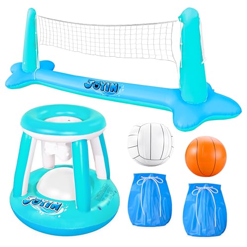 JOYIN XL Inflatable Pool Float Set, 125'' Volleyball Net & Basketball Hoops, Extra Large Floating Swimming Game Toy for Kids and Adults, Summer Floaties, Volleyball Court|Basketball, XL-Blue, Cyan - color: Blue Cyan, size: X-Large