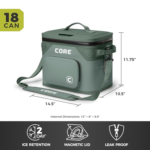 CORE Magnetic Leak Proof Soft Cooler with Waterproof Zipper | Insulated Bag Portable Ice Chest Box | Best Soft Cooler for Food & Beverages for Tailgating, Car Camping, Travel, and Family Beach Picnics - color: Sage, size: 18 Can