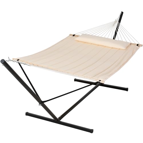 SUNCREAT Double Outdoor Hammock with 15 ft Stand, Standing Patio Hammocks for Outside, Beige - color: Beige, size: 15 ft Stand