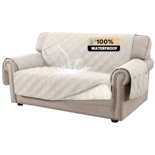 PrinceDeco 100% Waterproof Loveseat Covers for 2 Cushion Couch Sofa Covers Waterproof and Washable Sofa Slipcover with Side Pocket Furniture Protector with Elastic Straps(Loveseat 48", French Oak) - color: French Oak, size: Loveseat