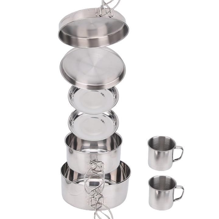 8PCS Stainless Steel Camping Cooking Set Cookware Mess Kit Cook Pots and Pan Set with Plates Cups, Lightweight Camping Cookware for Hiking Backpacking Outdoor Cooking and Picnic