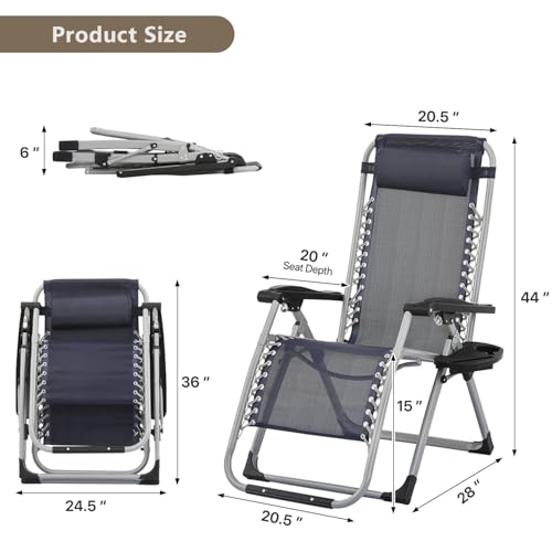 OS MOTOR Zero Gravity Chair, Portable Folding Reclining Lounge Chairs with Adjustable Cushion and Cup Holder Trays for Outdoor, Patio, Beach, Camping, Garden, Poolside, Navy Blue - color: Navy Blue