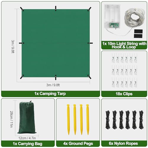 Rhino Valley Waterproof Tent Tarp, 9.8 × 9.8 Ft Large Outdoor Shelter Cover with Light Strings, Lightweight Portable Tarp Shelter Rain Tarp Camping Canopy for Hiking Traveling Backpacking - color: Dark Green