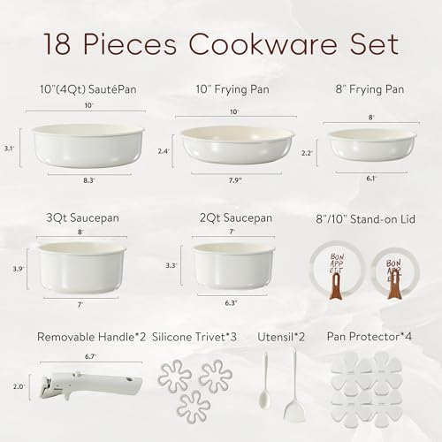 CAROTE 18Pcs Ceramic Cookware Set with Detachable Handle, Pots and Pans Set Non Stick, Non Toxic Kitchen Cooking Sets with Stand-Up Lid, PFAS and PFOA Free, Oven Safe, Induction Ready, Cream White - color: White