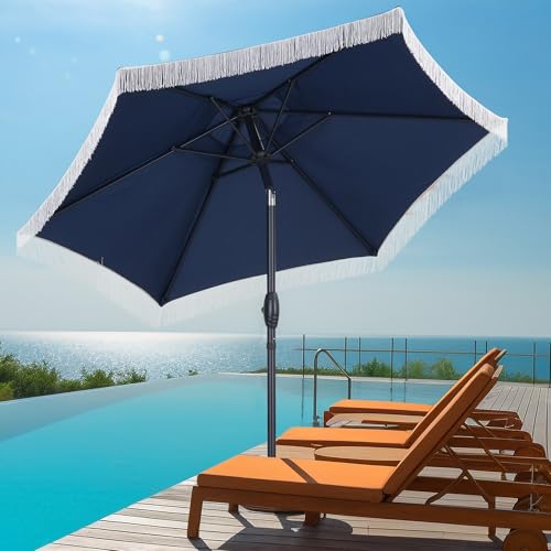 7.5 FT Patio Umbrella(Styles Featuring Tassels, LED Lights, or Bases Available), Stylish, Modern & Adjustable, with Effortless Crank Operation for Your Garden, Beach, Deck, Backyard & Pool - color: Navy Blue+tassel, size: No Base