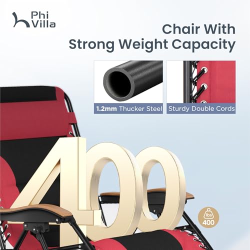 PHI VILLA XXL Oversized Padded Zero Gravity Chair, Foldable Patio Recliner, 30" Wide Seat Anti Gravity Lounger with Cup Holder, Support 400 LBS (Red) - color: Red, style: 1 Pcs