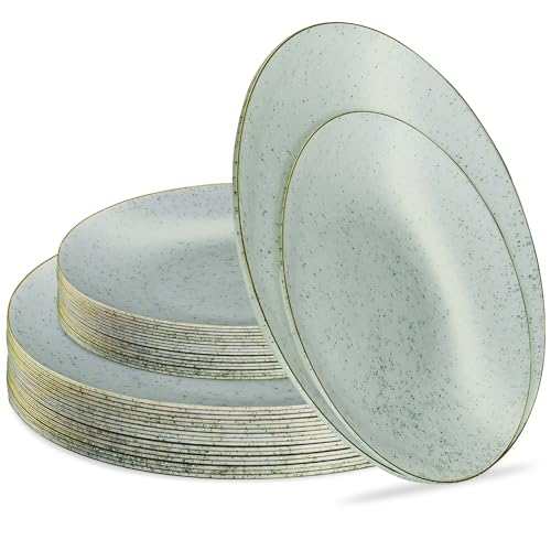 PLASTICPRO 32 Pack Elegant Disposable Plastic Plates Combo Set Includes 16 Dinner Plates and 16 Salad Plates Heavy Duty Fancy Party Plates Green Granite Plates with Gold rim - color: Granite Collection Green With Gold Rim