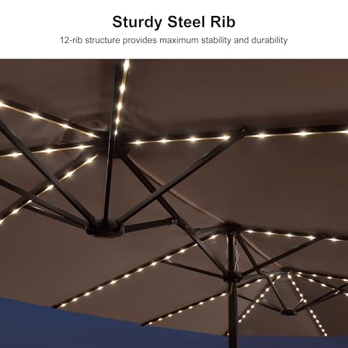 PURPLE LEAF 13ft Patio Market Umbrella with Solar LED and Base Double-Sided Rectangle Outdoor Table Sun Umbrellas with Crank for Pool Beach Deck Backyard Taupe - color: Taupe, size: 13' X 7' with Lights
