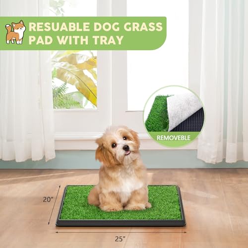 Dog Grass Pad with Tray, 25" x 20" Indoor Artificial Grass Pee Pad for Puppy Potty Training, Portable Dog Toilet Pet Loo, 3-Layer System - size: M 25x20x1.2IN-1 Grass Pad