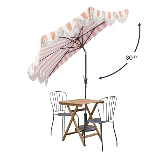 JONATHAN Y Half Umbrella UMB1201E Beverly 9 ft. Designer Classic Scalloped Fringe Market Patio with Crank, Push Button Tilt and UV Protection in Coral Pink/White - color: Coral Pink/White