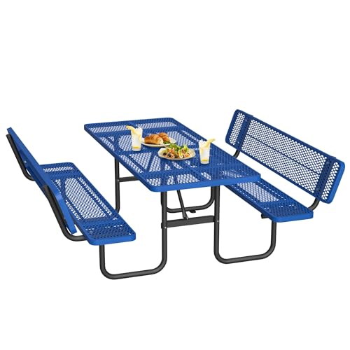 72" Rectangular Metal Picnic Tables for Outdoors with Backrest Seats Umbrella Hole - Coated Steel Heavy Duty Commercial Grade Table, Patio Rectangular Furniture Set for a Lifetime, Blue - color: Blue-backrest