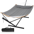 Outdoor Hammock with Stand Included, Heavy Duty Hammock with Curved Spreader Bar, Pillow and Portable Bag, 450 Lbs Capacity, Grey - color: Grey