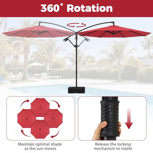 Tangkula 10ft Patio Umbrella with Base Included, Offset Cantilever Outdoor Umbrella with 360 Degree Rotation, Crank Handle, Sun-Protective Canopy for Pool Deck Garden Backyard (Red) - color: Red, size: 10 FT