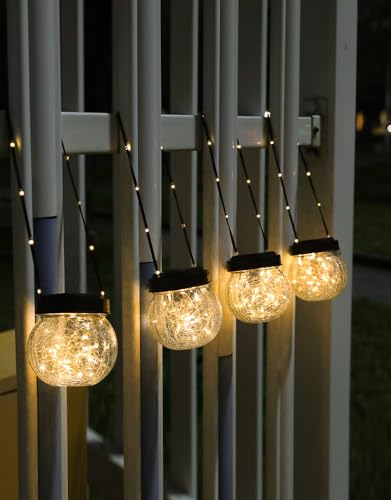 PARTPHONER Solar Lanterns Solar Lights Outdoor Waterproof 6-Pack, Solar Powered Hanging Lights Cracked Glass Hanging Globes for Christmas Decoration, Shepherd Hook, Garden Tree Ornaments - color: Black Cap Warm White Light, size: 6 Pack