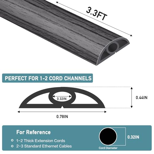 Floor Cord Cover Self Adhesive Cord Hider Floor Extension Cord Covers for Floor Power Cord Protector Cable Management Prevent Cable Trips Cable Cavity 0.32" W x 0.32" H (Deep Grey Wood, 3.3Ft) - color: Deep Grey Wood, size: 0.79" x 3.3'