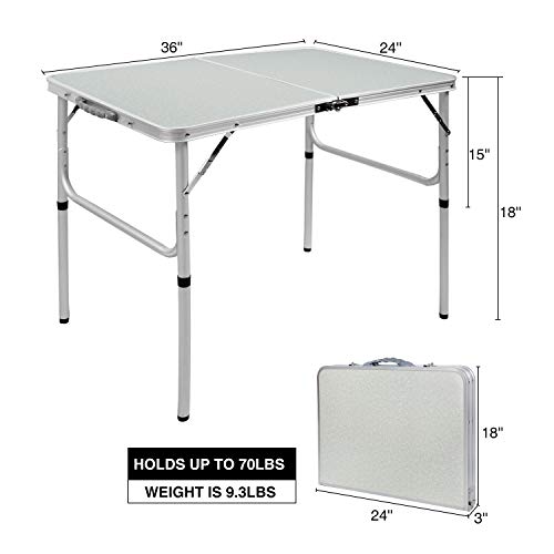 REDCAMP Folding Camping Table, 3ft Portable Aluminum Outdoor Table with Adjustable Height, Lightweight Foldable Camp Table for Picnic, Cooking, Beach, Backyard & Travel - size: 36"L x 24"W(2 heights 15"/28")