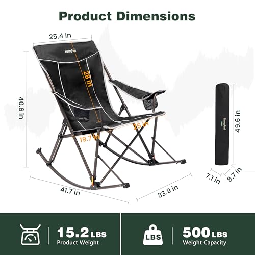 SUNNYFEEL Oversized Folding Rocking Camping Chair with Buckle Design Outdoor Rocker High Back Lawn Camp Rocker Chair with Cup Holder Heavy Duty 500 LBS for Outdoor/Camping/Lounge/Patio with Carry Bag - color: Black, size: 1 Pc