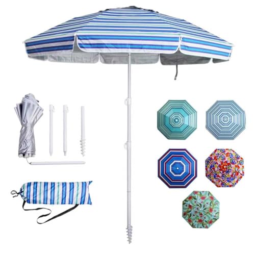LOTTAFUN 6.5ft Beach Umbrella - Heavy Duty Wind Resistant UV 50+ Portable Sun Shade with Sand Anchor & Carry Bag, Outdoor Folding Umbrella for Beach, Pool, Patio, Garden (Blue diagonal strip) No Tilt - color: Blue diagonal strip