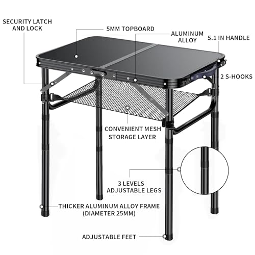 Yriuat Outdoor Side Table, Portable 3 Adjustable Height Small Outdoor Folding Table, Aluminum Foldable Patio Side Tables for Outside Indoor, Plant Stand Coffee End Table for Pool, Porch,Garden(Black) - color: Black