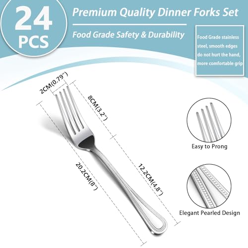 24-Piece Dinner Fork Set, 8-Inch Silverware, Stainless Steel, Elegant Pearl Dot Handle, Dishwasher Safe - color: Polished Silver